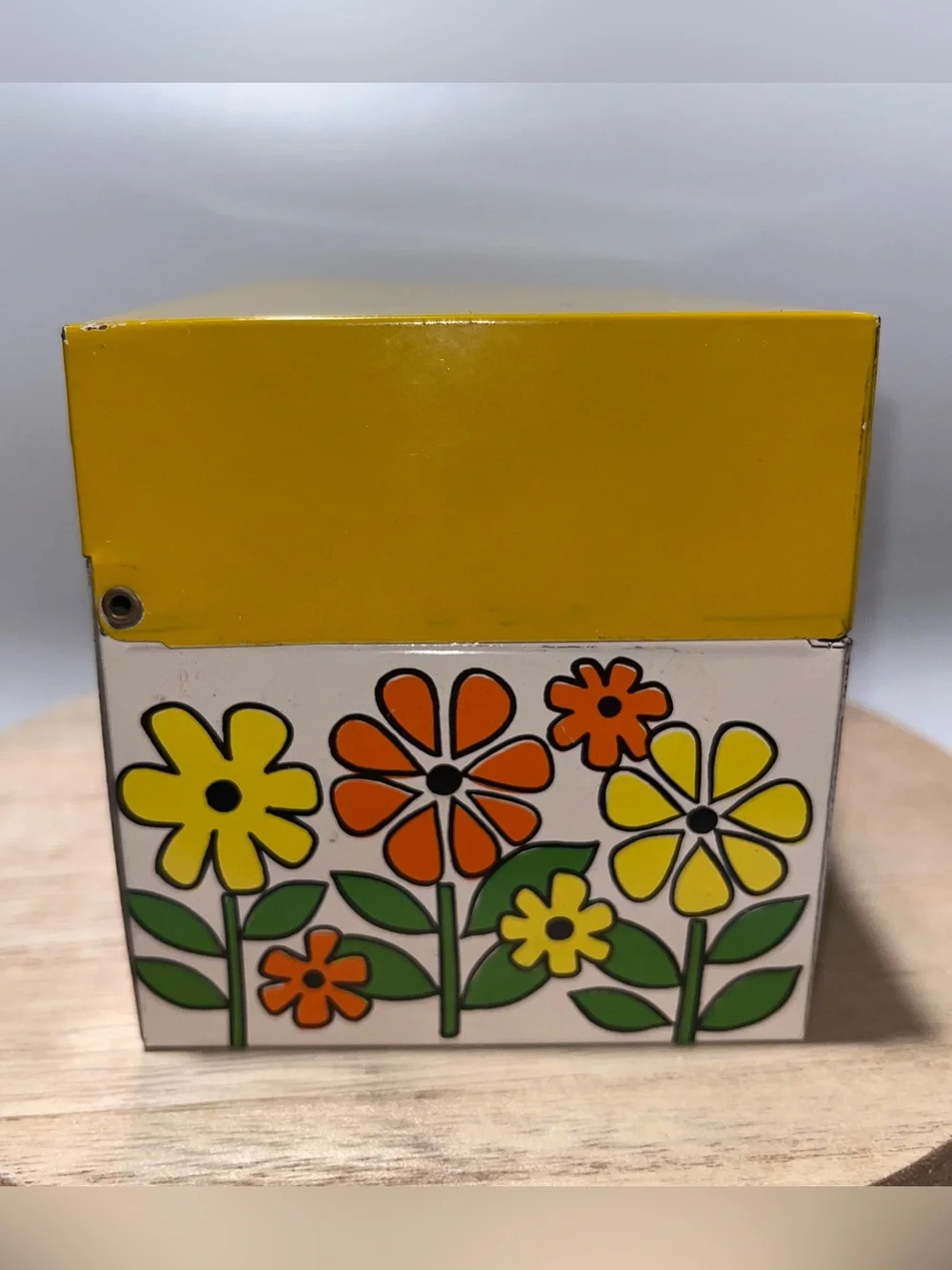 Rare Vtg Otagiri Stamped OMC Japan Metal Recipe Tin Mod MCM Yellow Flower Power